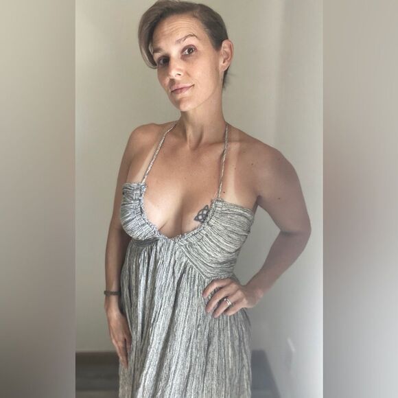 Promesa Halter Midi Dress Black Cream Back Tie Boho Vacation - Picture 4 of 12